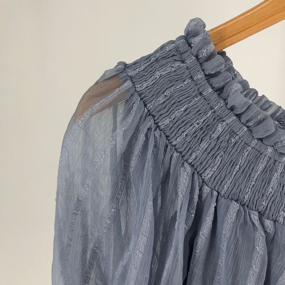 ASOS Maternity Off Shoulder Blue Stripe Mini Dress with Sheer Blouson Sleeve - Picture 6 of 14